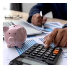 Calculator and piggy bank